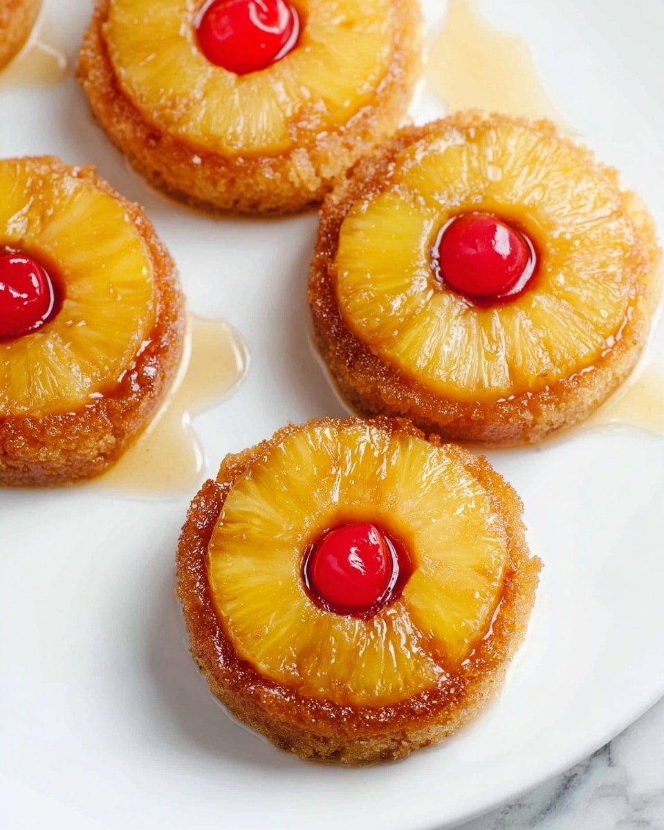 Four small upside-down cakes sit on a white plate, each cake having three visible layers: the bottom layer is a golden brown cake base with a slightly crumbly texture; the middle layer is a glossy, caramelized syrup coating that glistens under the light; the top layer is a bright yellow pineapple ring with a shiny surface, and in the center of each pineapple ring is a small, round red cherry that adds a pop of color. The cakes are slightly spaced apart on a white marbled surface, with small drips of syrup scattered around them. photo taken with an iphone --ar 4:5 --v 7