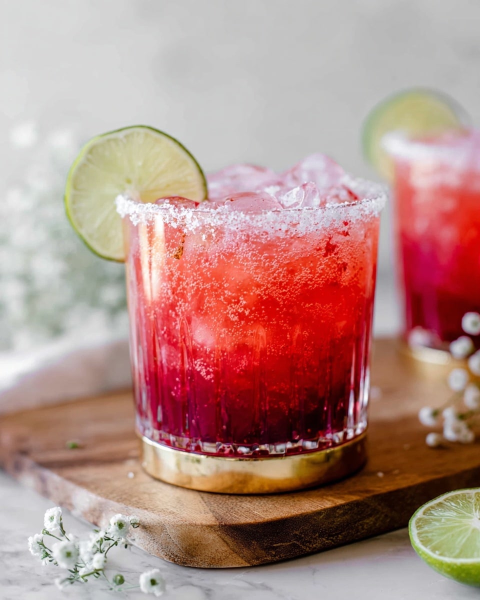 The image shows a short, clear glass with vertical patterns and a gold base filled with a three-layered red drink. The bottom layer is a deep red with a thick texture. The middle layer is lighter red with bubbles and small bits of fruit visible. The top layer is mostly ice cubes mixed with a light red liquid, making it look fizzy. The glass rim is coated with salt, and a slice of lime rests on the edge. In the background, another glass with the same drink is partially visible. The glass is placed on a wooden board on a white marbled surface with small white flowers beside it. Photo taken with an iphone --ar 4:5 --v 7