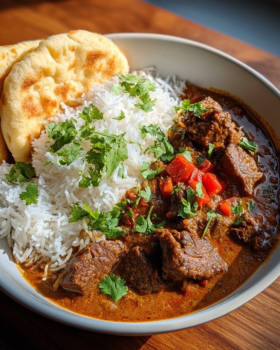 A white bowl sits on a wooden table, filled with three main layers: on the left, a fluffy mound of white rice with visible grains, topped with bright green fresh cilantro leaves; on the right, a rich, thick brown curry with tender chunks of dark brown beef and small pieces of red bell pepper, garnished with more cilantro leaves scattered on top; at the back, a folded piece of light golden flatbread leaning against the rice and curry. The lighting highlights the texture of the curry and the softness of the rice. Photo taken with an iphone --ar 4:5 --v 7