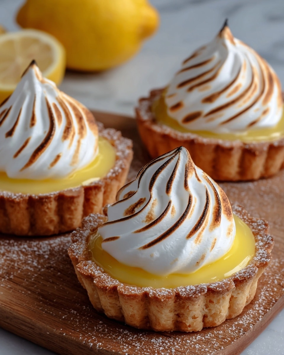Three lemon meringue tarts are placed on a wooden board over a white marbled surface. Each tart has a golden-brown, crumbly crust forming the base and sides. Inside the crust is a shiny, smooth, bright yellow lemon filling that looks thick and creamy. On top is a tall swirl of white meringue, lightly toasted to create dark brown stripes and peaks. The edges of the tart crusts are dusted lightly with white powdered sugar. In the background, a whole lemon and a lemon half are partially visible, adding a fresh yellow contrast. photo taken with an iphone --ar 4:5 --v 7