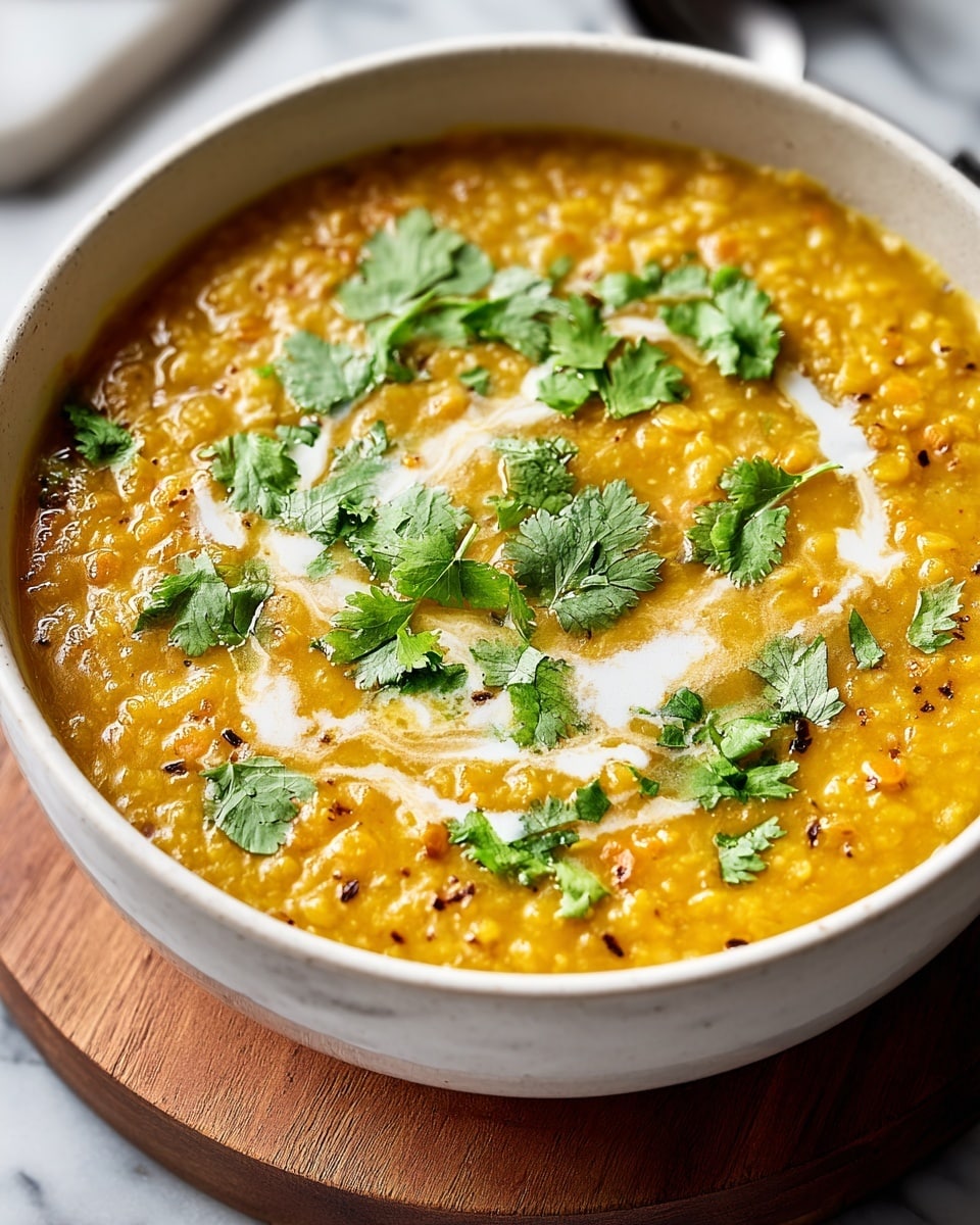 A white bowl filled with thick, yellow-orange lentil soup with a slightly coarse texture. On top, there is a swirl of white cream and scattered green fresh cilantro leaves, adding a bright contrast. The bowl is placed on a wooden round board, set on a white marbled surface. The image shows a close-up view of the soup's details, with the cream softly blending into the lentils and the cilantro looking fresh and leafy. photo taken with an iphone --ar 4:5 --v 7