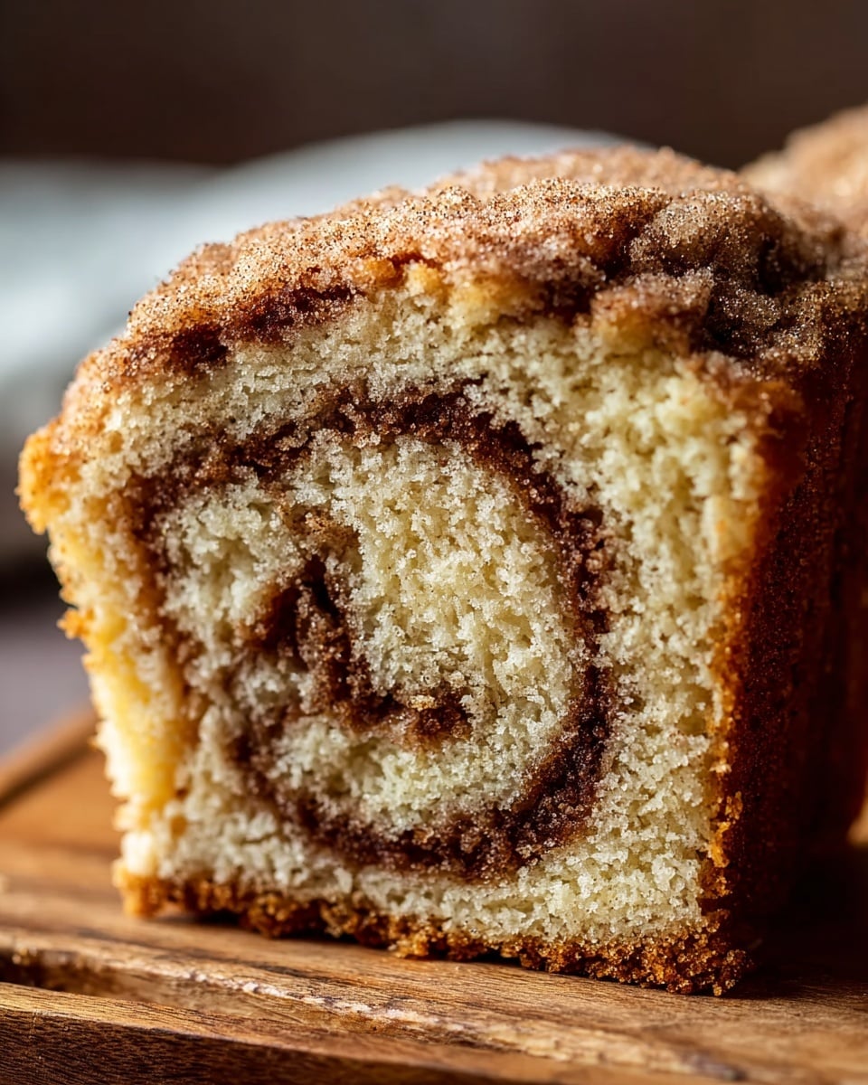 A close-up image of a slice of cinnamon swirl cake showing two main layers: a soft, light beige cake base with a dense, crumbly texture and a dark brown cinnamon sugar swirl running through the middle in a spiral pattern. The top edge has a rough texture coated with a visible sprinkling of cinnamon sugar, glistening and slightly crystalline. The outer side crust is darker brown with a firm texture. The cake slice rests on a wooden board with a white marbled textured background blurred behind. Photo taken with an iphone --ar 4:5 --v 7