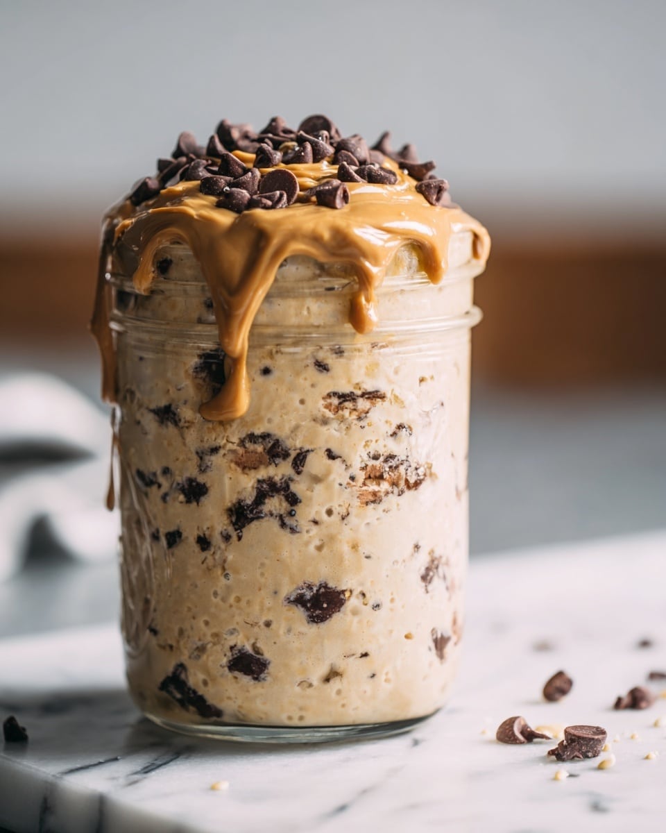 A clear glass jar is filled with a creamy, light beige mixture speckled with dark chunks, showing a thick texture inside. On top, there is a generous layer of smooth, light brown peanut butter, which drips slightly down the sides. Dark chocolate chips are scattered over the peanut butter layer. The jar is placed on a white marbled surface with a soft, blurred background. photo taken with an iphone --ar 4:5 --v 7