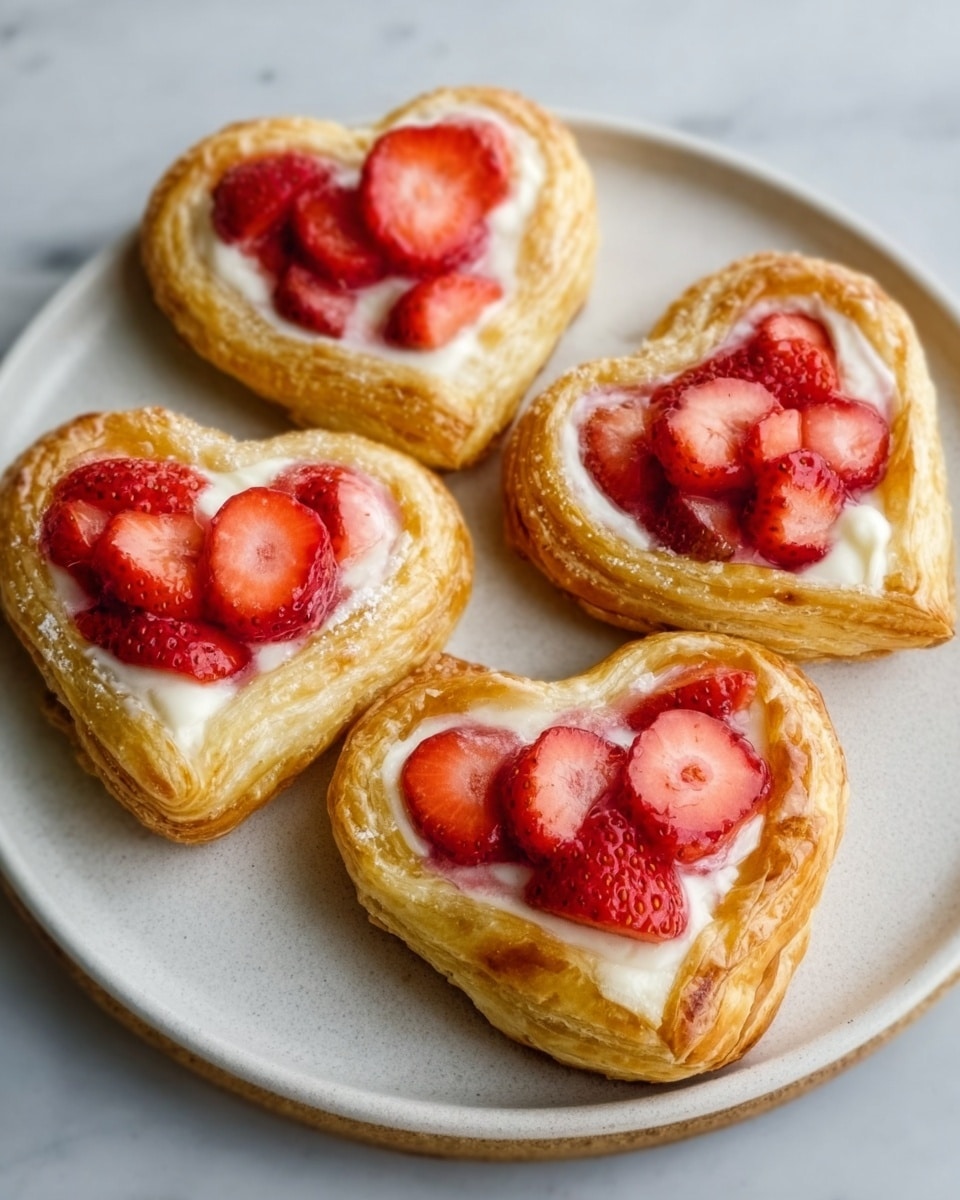 The image shows four heart-shaped pastries on a white plate, placed on a white marbled surface. Each pastry has a flaky golden-brown crust with a slightly shiny texture, topped with a layer of creamy white filling. On top of this, there are fresh red strawberry slices arranged in a neat pattern, with the strawberry pieces looking juicy and vibrant. The overall composition is simple and inviting, with the pastries evenly spaced on the plate. Photo taken with an iphone --ar 4:5 --v 7