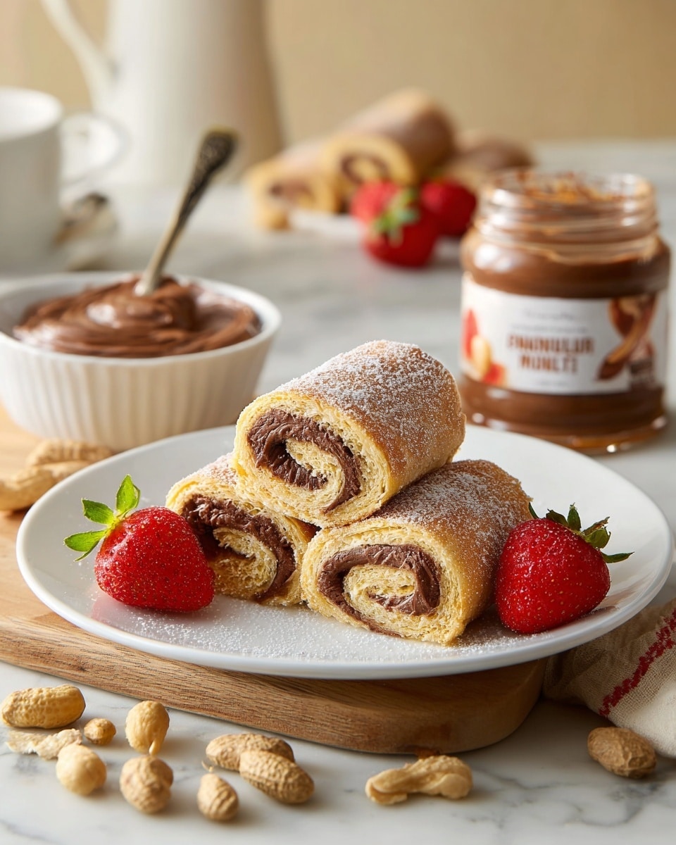 The image shows a white plate with four rolled crepes filled with smooth chocolate spread, arranged in a small stack; the crepes are golden brown with a sugar coating, and the chocolate filling is dark brown and visible from the spiral ends. Two bright red strawberries with green leaves sit on the plate next to the crepes. In the background, a jar of chocolate spread with a spoon inside is visible along with a small white bowl filled with more chocolate spread. The setting is on a wooden table with a white marbled texture surface underneath some objects, scattered peanuts, and a white cup partially seen on the right side. Photo taken with an iphone --ar 4:5 --v 7