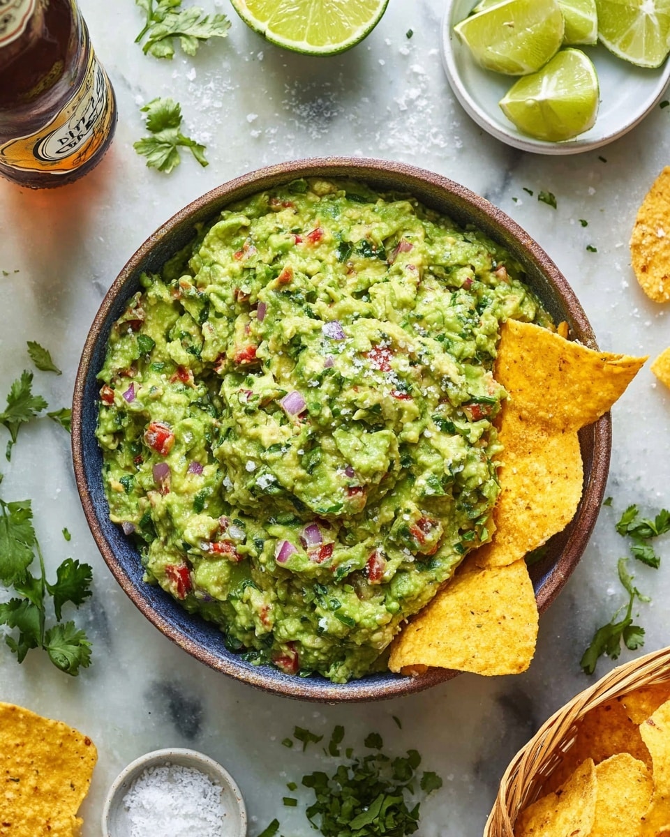 A close-up view of a blue bowl filled with chunky green guacamole that has visible pieces of red tomato and purple onion mixed in, topped with two yellowish, salted tortilla chips partially dipped in it; on a white marbled surface around the bowl are fresh lime wedges in a small wooden bowl near fresh cilantro leaves, a small cup with coarse salt, a whole green jalapeño, and part of a basket with more yellow tortilla chips, alongside a partially visible amber-colored beer bottle with the cap removed. Photo taken with an iphone --ar 4:5 --v 7