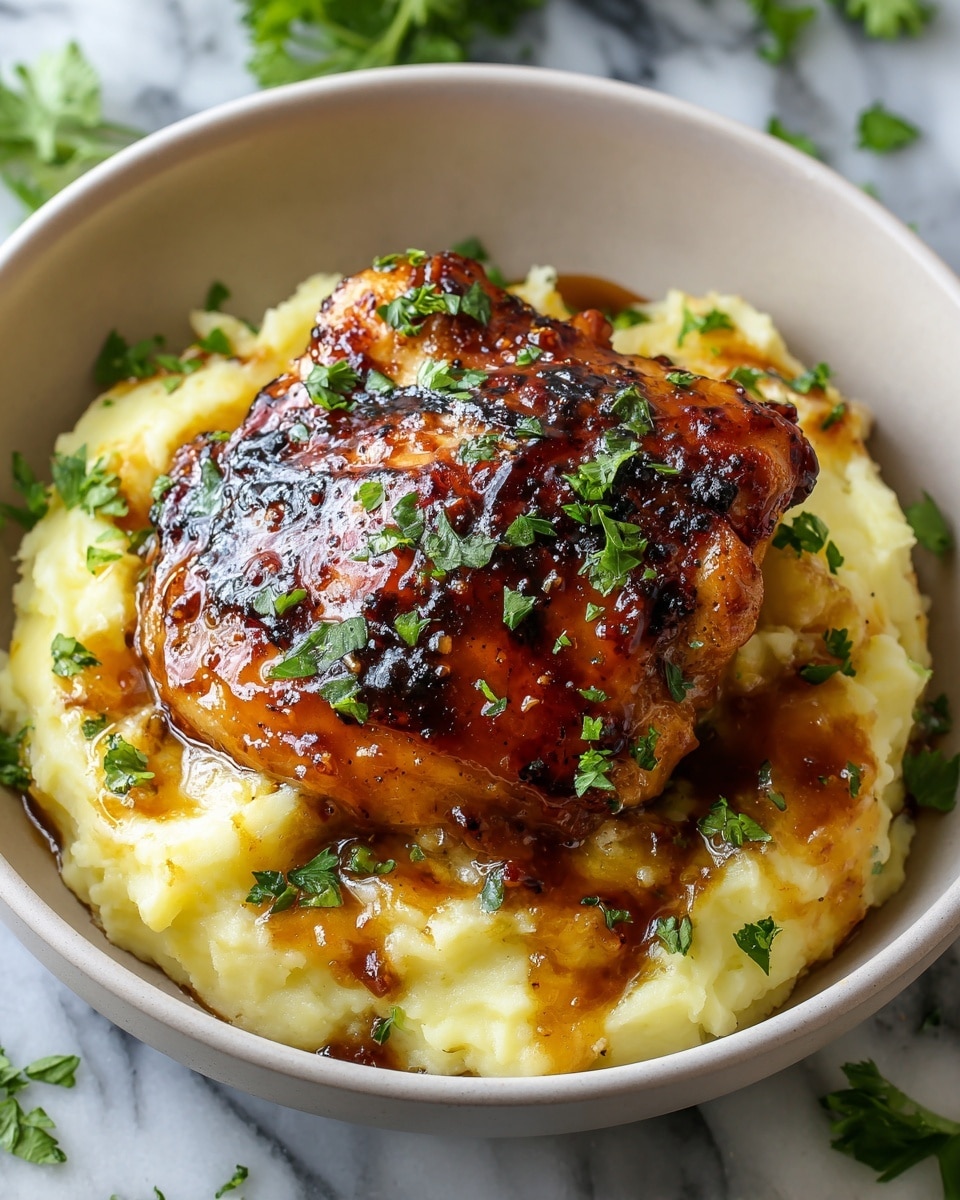 The dish shows one thick layer of creamy mashed potatoes with a pale yellow color and a slightly chunky texture at the bottom, topped by a golden-brown grilled chicken thigh covered in a shiny, dark brown glaze with visible char marks. Scattered fresh green parsley leaves sit on top of both the chicken and potatoes, adding a pop of color. The food is placed in a simple white bowl, resting on a white marbled surface, with some parsley leaves scattered around. Photo taken with an iphone --ar 4:5 --v 7
