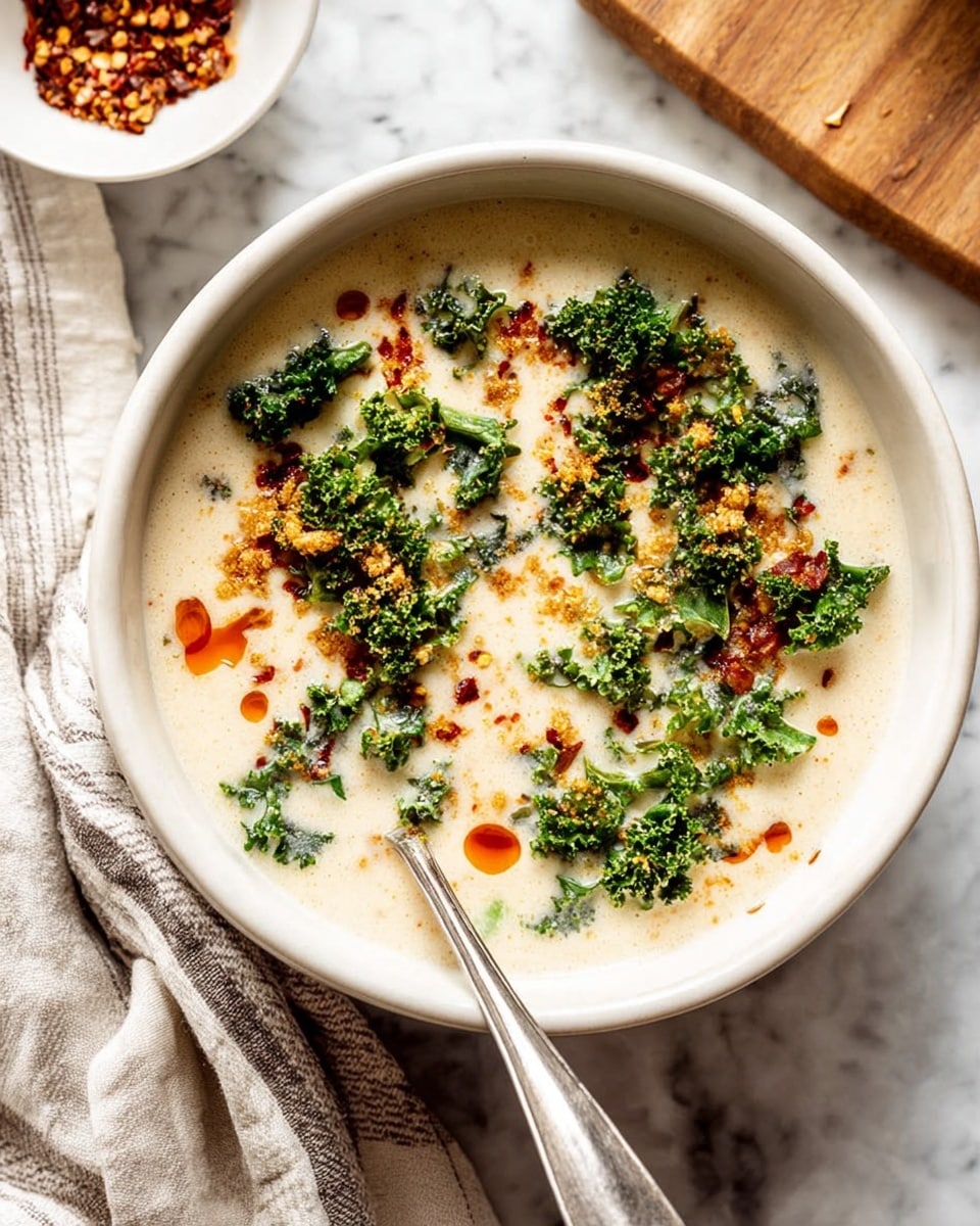 A white bowl filled with a creamy, light beige soup, topped with green kale leaves scattered across the surface, crunchy golden-brown bits, and small red chili flakes sprinkled on top. There are also droplets of reddish-orange oil adding a bit of shine and color. A silver spoon rests inside the bowl on the left side. The bowl is placed on a white marbled surface with a soft, striped cloth nearby and a wooden board with a small white bowl containing red chili flakes partially visible in the top left corner. photo taken with an iphone --ar 4:5 --v 7