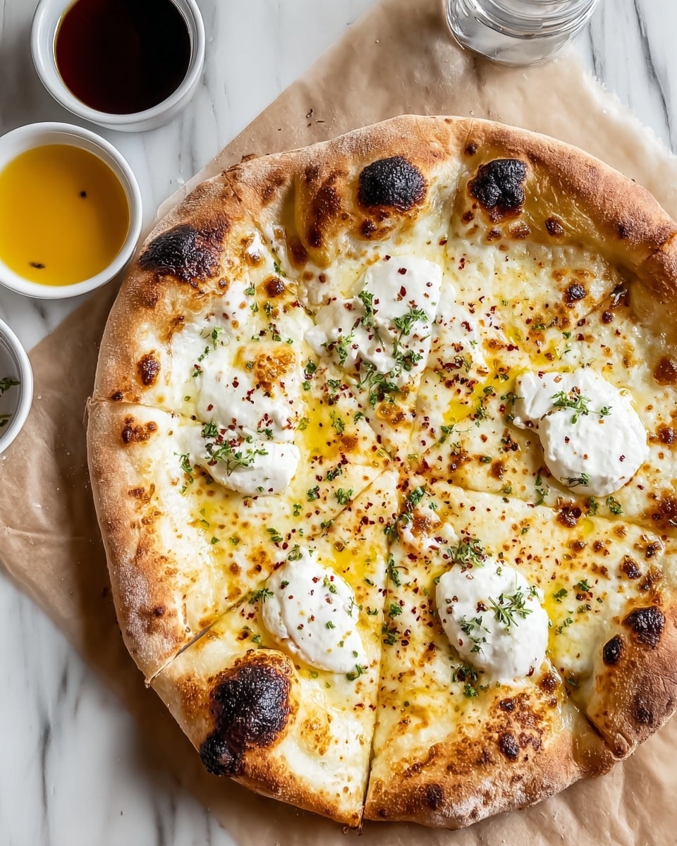 A round pizza with one thick, puffy crust that is golden-brown with some dark char spots, the base of the pizza is creamy white and smooth, topped with white dollops of soft cheese spaced evenly across the pizza. There are small green herb leaves scattered on top along with a few sprinkles of black pepper and golden melted butter or oil dots visible between the cheese. The pizza rests on parchment paper over a wooden surface. Nearby are a small clear glass bowl of white sauce and a white cup with dark liquid inside. Photo taken with an iphone --ar 4:5 --v 7
