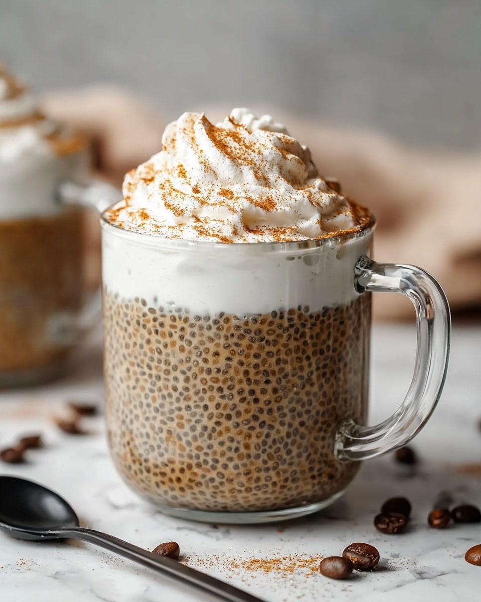 A clear glass mug filled with three visible layers: the bottom and largest layer is a beige chia pudding with dark brown chia seeds evenly distributed throughout, giving a speckled texture; above it is a thin white layer of creamy topping; the top layer is a fluffy swirl of white whipped cream dusted with a generous amount of light brown cinnamon powder. The mug sits on a white marbled surface with scattered cinnamon powder and coffee beans around, next to a black spoon, and part of a woman's hand is faintly visible in the background. photo taken with an iphone --ar 4:5 --v 7