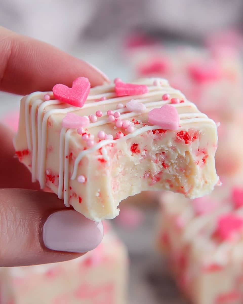 A close-up of a small, square white fudge piece held by a woman's hand with light pink nail polish. The fudge is pale pink with a creamy texture and has tiny red and pink sprinkles mixed inside and on top. There are pink heart-shaped sprinkles and small pink round sprinkles scattered on the top surface. White drizzle runs across the top in thin lines. The fudge has a bite taken out of one corner, showing its soft inside. The background is softly blurred with more pink-colored treats visible, all set on a white marbled texture. photo taken with an iphone --ar 4:5 --v 7