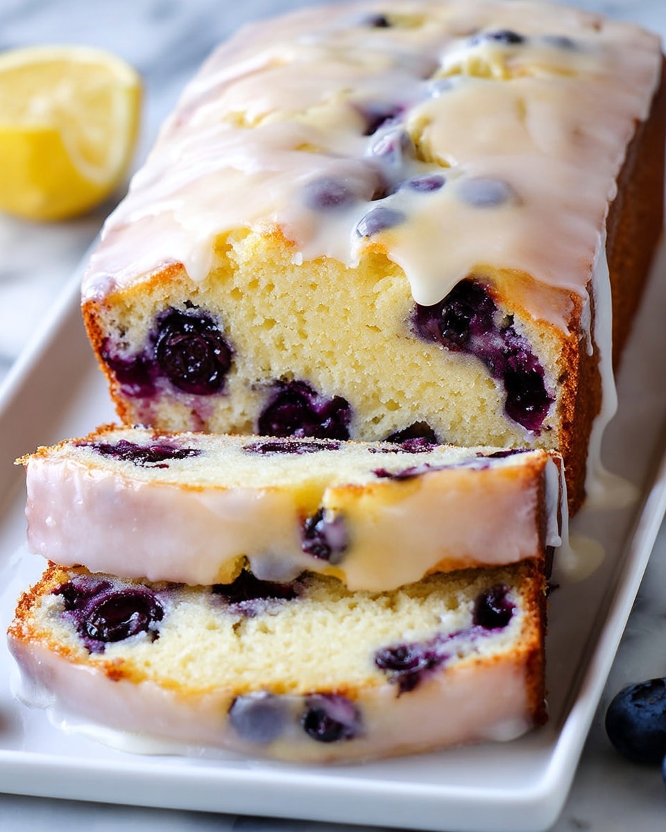 A loaf of blueberry lemon cake is shown sliced on a white rectangular plate, resting on a white marbled surface. The cake has two visible layers: the dense, soft yellow sponge cake filled with whole blueberries that create dark purple spots and swirls inside, and a thick, glossy, pale yellow glaze dripping off the top and sides of the slices. The glaze looks smooth and slightly shiny, adding a moist texture to the cake edges. The background includes a lemon wedge and a blueberry at the bottom right corner. Photo taken with an iphone --ar 4:5 --v 7