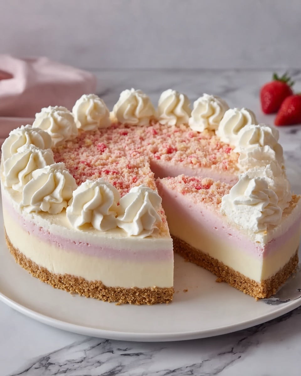 A round cheesecake with three visible layers sits on a white plate on a white marbled surface. The bottom layer is a golden-brown crumbly crust. Above that is a smooth, light pink creamy layer with tiny red specks inside. The top layer is covered with crumbly bits in light beige and pink colors spread across the surface and sides. Around the edge, large swirls of white whipped cream evenly decorate the cheesecake. One slice is cut out and slightly pulled away, showing the clean edges of each layer. Photo taken with an iphone --ar 4:5 --v 7