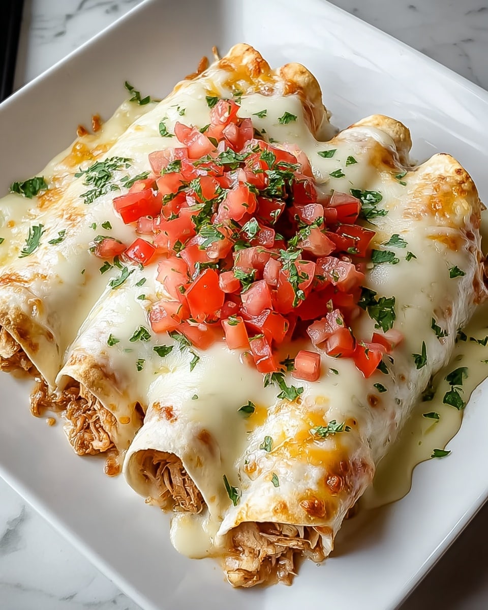 Three rolled tortillas filled with a light brown, textured chicken mixture form the base layer on a white square plate. The next layer is melted, creamy white cheese, generously covering the tortillas and dripping slightly onto the plate, with a few browned spots showing where it has bubbled. On top, there is a pile of finely chopped bright red tomatoes mixed with small bits of green cilantro, which is also sprinkled lightly across the cheese. The plate is set on a white marbled surface. Photo taken with an iphone --ar 4:5 --v 7
