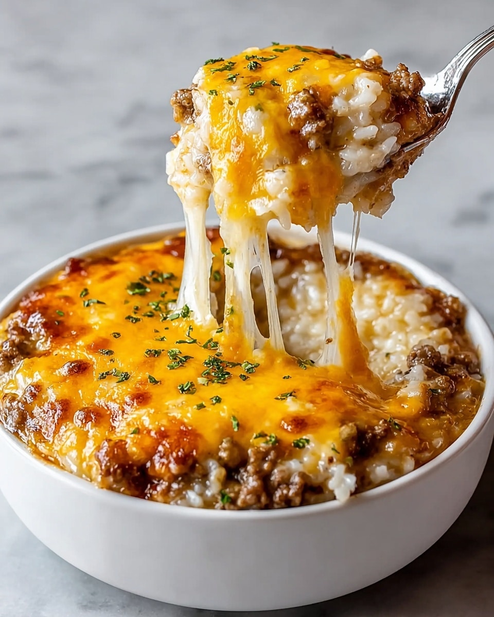 A white bowl filled with a baked rice dish that has visible layers starting with a base of cooked white rice mixed with ground meat in a light brown sauce. The top layer is covered in melted cheese that is mostly bright yellow and orange with stretchy, gooey white cheese being lifted by a spoon. Small bits of green herbs are sprinkled over the cheese, adding a touch of color. The bowl sits on a white marbled surface. The photo is close-up, showing texture in the rice, cheese, and meat, emphasizing the thick, melted cheese stretch. photo taken with an iphone --ar 4:5 --v 7