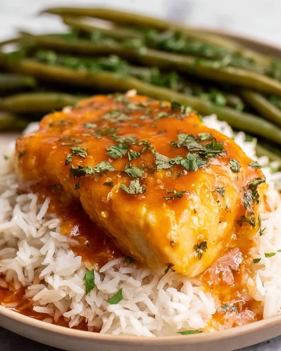 On a white plate with a white marbled texture background, a layer of white rice forms the base, covering most of the plate. On top of the rice, there is a thick piece of golden-brown fish covered in a shiny orange sauce with visible small herbs sprinkled on top. In the back, a layer of green roasted green beans lies horizontally, contrasting with the white rice and orange sauce. The overall texture shows soft rice grains, a moist fish fillet, and slightly wrinkled green beans, with a fresh garnish of chopped herbs adding small green specks on the sauce. Photo taken with an iphone --ar 4:5 --v 7