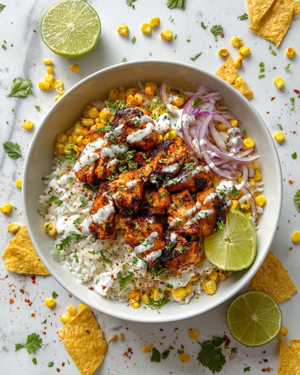 A white bowl filled with three main layers: the bottom layer is white rice mixed with yellow corn kernels; the middle layer has grilled chicken pieces with a charred brown and orange color, sprinkled with fresh green herbs; the top layer is drizzled with white sauce and garnished with thin slices of purple onion and chopped green cilantro. Two lime wedges rest on the right side of the bowl. The bowl sits on a white marbled surface scattered with crushed yellow tortilla chips, green cilantro leaves, lime pieces, and bits of red seasoning. photo taken with an iphone --ar 4:5 --v 7