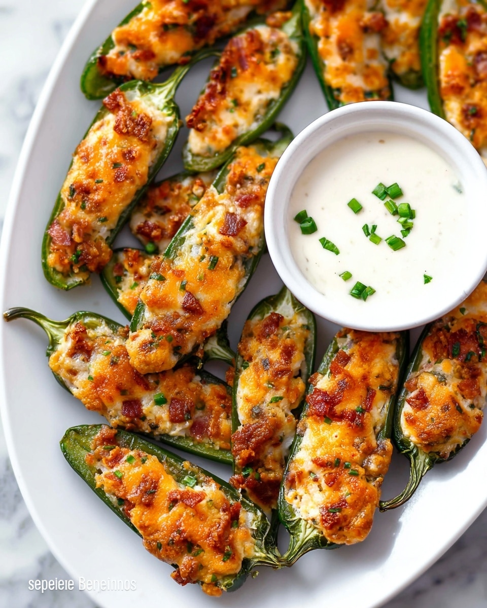 The image shows a white plate filled with many stuffed jalapeño peppers. Each jalapeño is cut in half lengthwise and filled with a melted cheese mixture that is golden brown with slightly crispy edges and small bits of herbs and bacon. The peppers’ green skin contrasts with the orange and cream cheese filling. In the center right of the plate, there is a small white bowl with a smooth, creamy white dipping sauce topped with tiny pieces of green herbs. The entire scene is set on a white marbled surface. Photo taken with an iphone --ar 4:5 --v 7