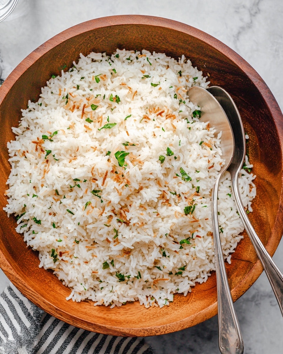A wooden bowl filled with a single layer of white cooked rice topped with small green herb pieces and lightly toasted brown flakes, giving the rice a mixed texture of soft and crunchy. Two silver serving spoons rest inside the bowl on the right side. The bowl sits on a white marbled textured surface partially covered by a piece of striped fabric. Photo taken with an iphone --ar 4:5 --v 7