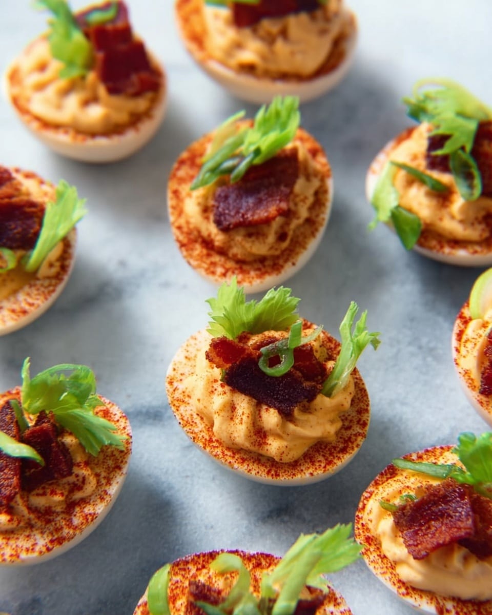 Several halved deviled eggs are arranged on a white marbled surface. Each egg half has a slightly browned and seasoned outer layer of the white, topped with a smooth, creamy pale orange filling. On top of the filling, there is a small crispy bacon piece with a dark red-brown color. Each deviled egg is also garnished with bright green celery leaves, adding fresh color contrast. The arrangement shows a close-up view with soft, natural lighting. photo taken with an iphone --ar 4:5 --v 7
