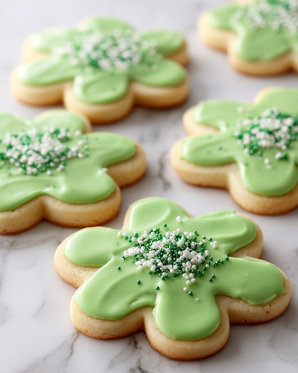 The image shows five flower-shaped sugar cookies on a white marbled surface. Each cookie has two layers: a light golden-brown cookie base with a smooth, green icing layer on top shaped exactly like the cookie with five rounded petals. In the middle of the green icing, there are small white and green sugar sprinkles scattered, adding texture and sparkle. The cookies have a soft, smooth look with slightly browned edges. Photo taken with an iphone --ar 4:5 --v 7