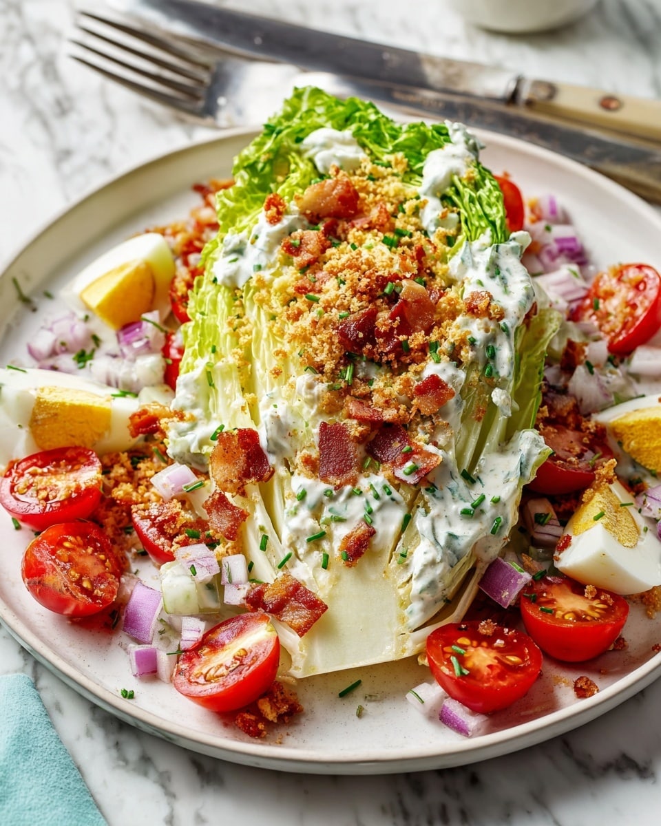 A wedge salad is shown on a white plate on a white marbled surface. The salad has a large wedge of light green iceberg lettuce in the center, topped with creamy white dressing, scattered chopped chives, and crushed golden-brown breadcrumbs. Around the wedge, there are halved bright red cherry tomatoes, chunks of hard-boiled egg with white and yellow layers, small pieces of crispy brown bacon, and finely chopped purple-red onion, all mixed with more dressing and garnished with chives. A fork and knife rest behind the wedge on the plate. Photo taken with an iphone --ar 4:5 --v 7