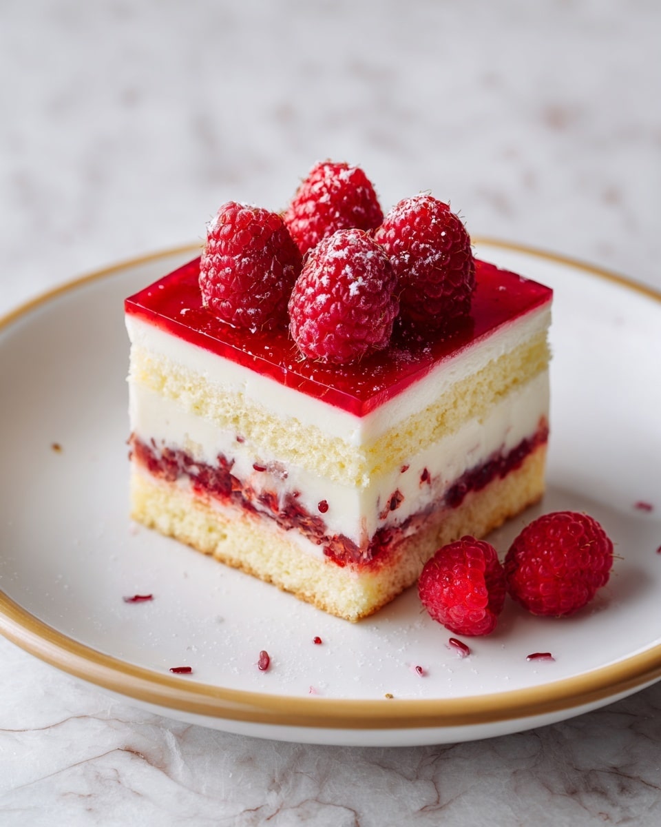 The image shows a square slice of layered raspberry dessert on a white plate with a brown edge, set on a white marbled surface. The dessert has four layers: a light yellow sponge cake at the bottom, a thick deep red raspberry filling with visible seeds and bits of fruit above it, a creamy white layer on top of the raspberry filling, and a final light layer of white cream with several fresh red raspberries placed neatly on top. A few fresh raspberries are placed on the plate near the dessert. The photo taken with an iphone --ar 4:5 --v 7