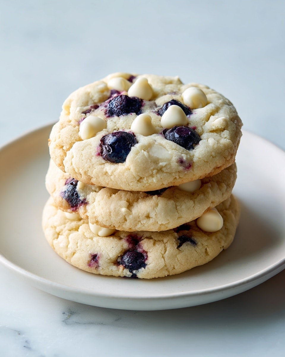The image shows a stack of four thick cookies on a white plate, placed on a white marbled texture. Each cookie has a soft, slightly cracked surface that is light golden cream in color. The cookies contain visible dark blue, juicy blueberries scattered evenly throughout, some slightly sunken into the dough. On the top surface of each cookie, there are several creamy white chocolate chips, partially melted and nestled near the blueberries. The stack is tall, with the cookies resting unevenly, showing their soft, chewy texture. photo taken with an iphone --ar 4:5 --v 7