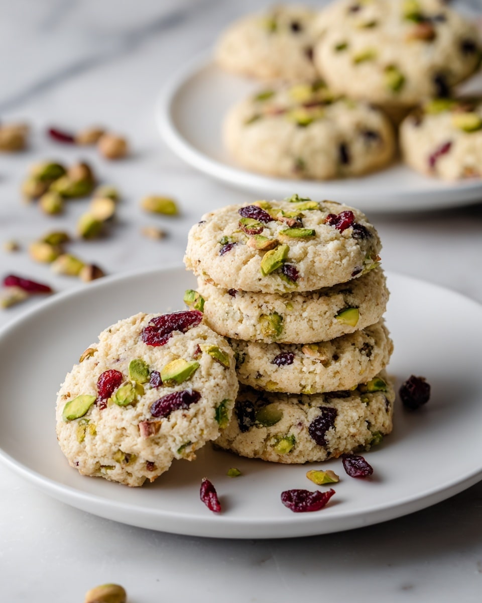 A white plate holds a stack of round cookies, each one pale beige with scattered pieces of green pistachio nuts and small dark red dried cranberries embedded throughout. The cookies have a slightly coarse texture with visible chunks of nuts and fruit, showing a rustic, homemade look. Some cookies lie flat on the plate while others lean against each other, creating depth. More cookies appear blurred in the background on white plates, all resting on a white marbled surface with scattered pistachio nuts and whole cranberries adding pops of color around the scene. Photo taken with an iphone --ar 4:5 --v 7