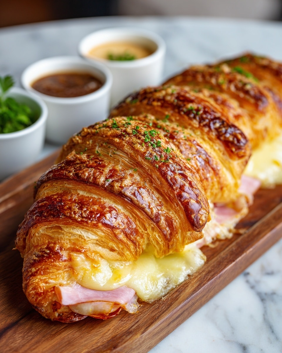 A long, golden-brown braided pastry is filled with folded layers of pink ham and melted creamy cheese. The pastry is shiny and slightly crispy on top, with some green parsley sprinkled over it and a few coarse salt grains visible. The braid is cut into individual sections making each piece peek open to show the delicious filling inside. The pastry sits on a wooden board, placed on a white marbled surface, with small white bowls of honey or sauce blurred in the background. A white cloth and some parsley leaves are also around the scene. Photo taken with an iphone --ar 4:5 --v 7