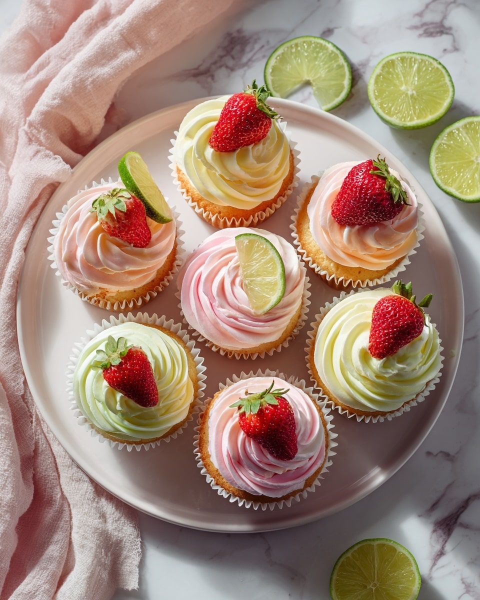 Seven cupcakes are placed on a round white plate, each cupcake having three layers of swirled frosting in pink, yellow, and white colors, creating a soft, creamy texture. On top of each cupcake, there is a fresh red strawberry and some have a slice of lime placed beside the strawberry for decoration. The cupcakes sit in white paper liners. Around the plate, there are lime halves on a white marbled surface, with a light pink cloth tucked in on the left side. The lighting highlights the fresh and vibrant colors of the frosting and fruit. photo taken with an iphone --ar 4:5 --v 7