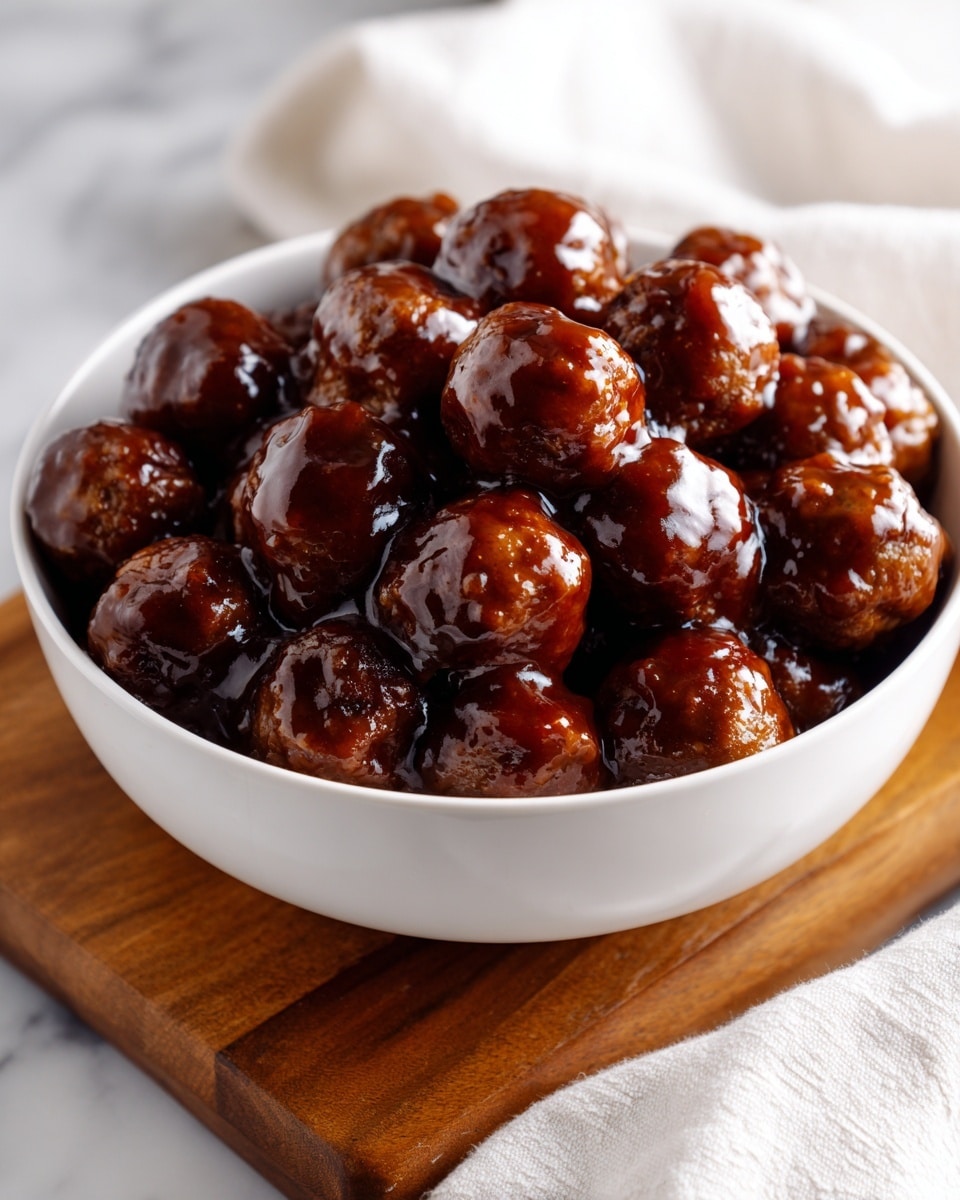 A white bowl filled with two layers of small, round meatballs covered in shiny, thick, dark brown sauce, giving a glossy and rich look; the bowl sits on a wooden board and is placed on a white marbled surface, with a white cloth partially visible on the side. photo taken with an iphone --ar 4:5 --v 7