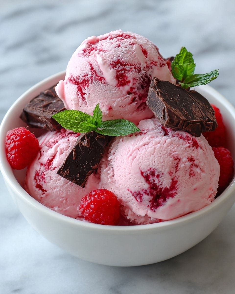 A white bowl holds three large scoops of pink raspberry ice cream, each scoop showing swirls of deep red raspberry pieces. On top and around the ice cream are several chunks of dark chocolate with rough edges. Fresh raspberries and small green mint leaves are placed between the scoops, adding color contrast. The bowl sits on a white marbled surface that softly reflects light. photo taken with an iphone --ar 4:5 --v 7