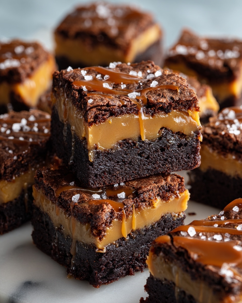 This image shows a close-up of a layered brownie cut into square pieces arranged closely on a white marbled surface. Each brownie has a thick bottom layer of dark, rich, fudgy chocolate with a moist texture. Above this is a middle layer of creamy caramel that glistens slightly, creating a smooth contrast to the dark base. The top layer is a golden-brown cookie crust with a cracked and crumbly surface. All the brownies are drizzled with caramel sauce on top, adding a shiny and smooth texture, and some flakes of sea salt are scattered over the pieces, giving a bit of sparkle. One brownie piece is centered and standing on its side, clearly showing these three distinct layers and the softness of the caramel in between. photo taken with an iphone --ar 4:5 --v 7