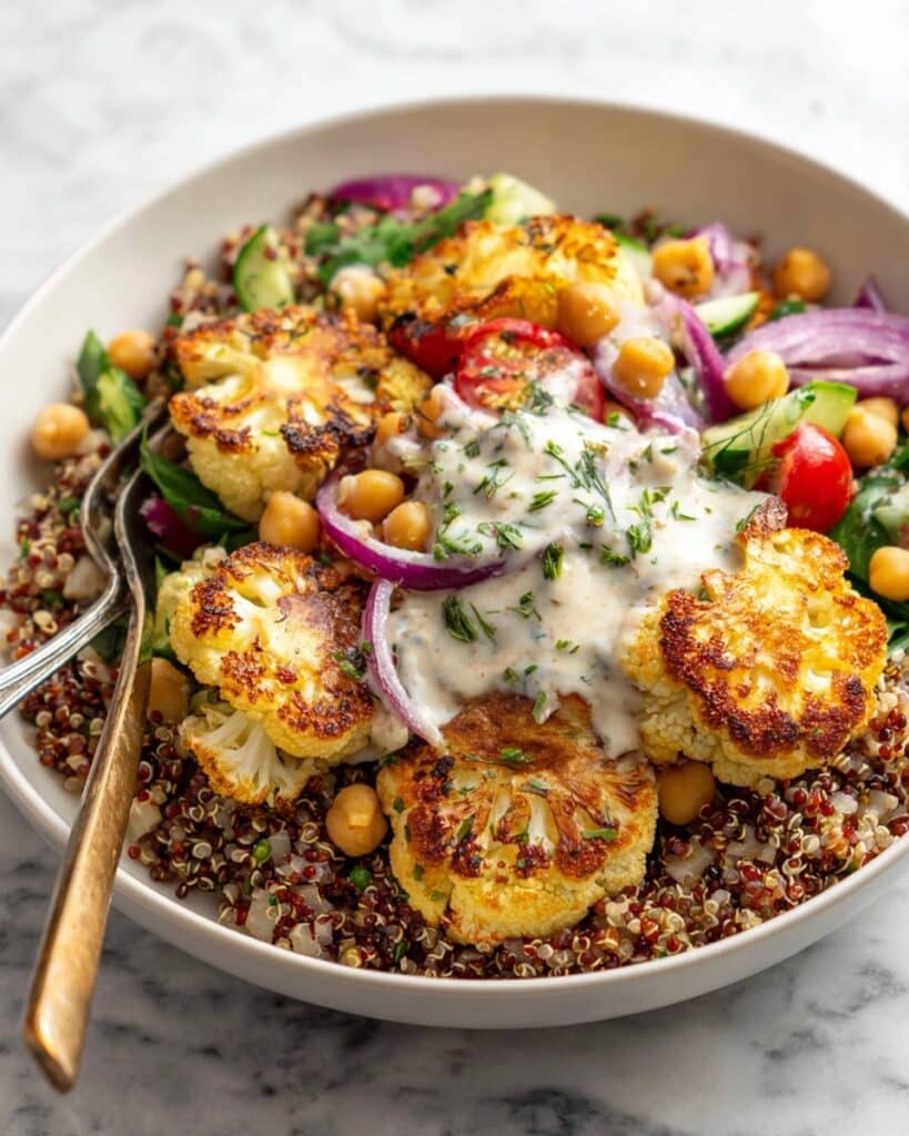 Cauliflower Shawarma Bowl with Roasted Vegetables, Quinoa, and Creamy Lemon Sauce Recipe