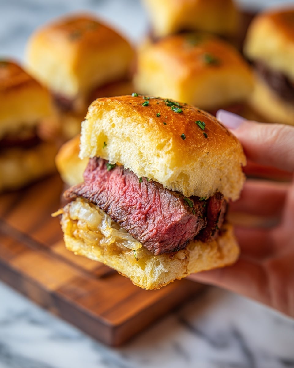 A close-up view of a small sandwich held by a woman's hand shows three main layers: the top layer is a soft, golden-brown bun with a slightly shiny surface and tiny pieces of herbs; the middle layer is thick, juicy slices of medium-rare steak with a reddish-pink center and a dark brown crust; under the steak is a layer of caramelized onions, slightly translucent and golden. The sandwich is held over a wooden board with more sandwiches blurred in the background, all placed on a white marbled surface. Photo taken with an iphone --ar 4:5 --v 7