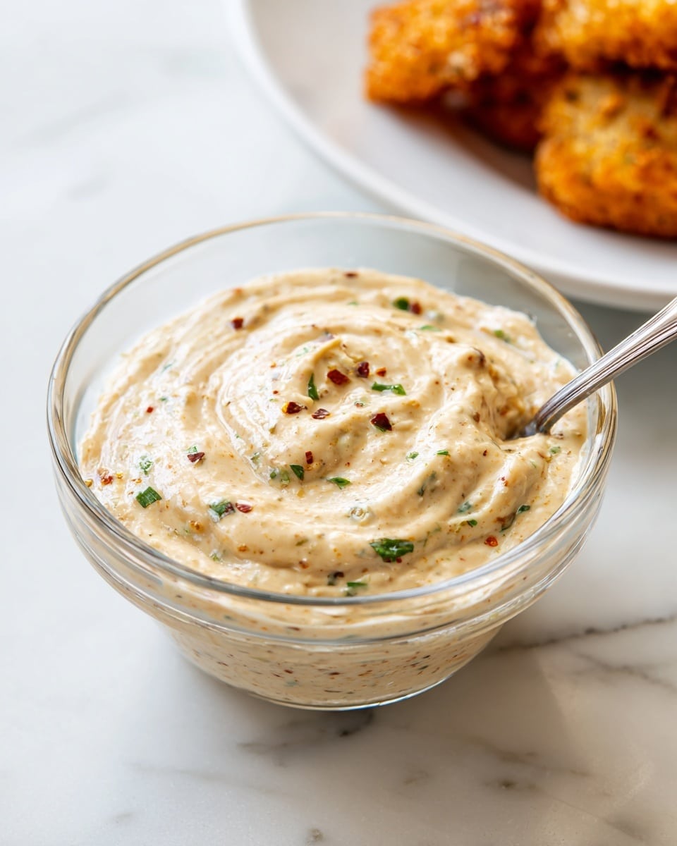 A clear glass bowl filled with a creamy, thick sauce that has a light beige color with green and red specks of herbs and spices evenly mixed throughout. The sauce has a smooth, swirled texture with visible ridges from stirring, and a metal spoon is partially dipped into it from the right side. The bowl is placed on a white marbled surface. In the background, there is a white plate with golden-brown crispy bites slightly blurred. Photo taken with an iphone --ar 4:5 --v 7