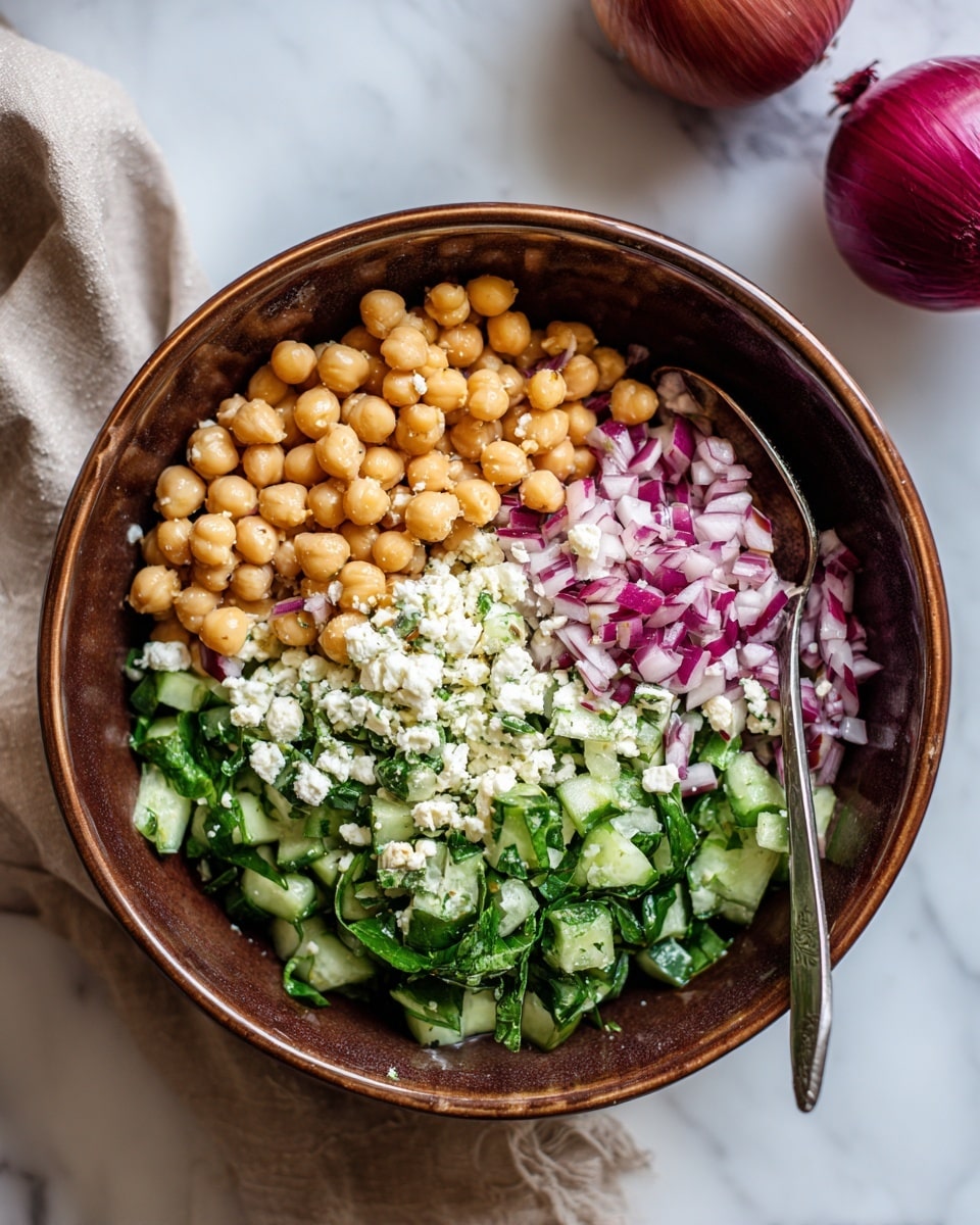 The image shows a close-up of a brown bowl filled with a chickpea salad. The salad has three main layers: the base layer is light beige chickpeas, the middle layer has bright green chopped cucumbers and leafy herbs, and the top layer contains small purple-red pieces of onion mixed with creamy white cheese bits. A metal spoon is placed inside the bowl, and the bowl is set on a white marbled surface with a red onion nearby and a soft beige cloth in the background. Photo taken with an iphone --ar 4:5 --v 7