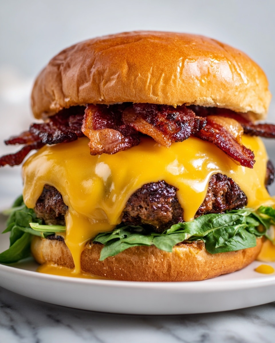 A close-up image of a thick cooked beef patty topped with melted bright orange cheddar cheese that covers the entire surface and drips slightly down the sides. On top of the cheese, there are several pieces of crispy reddish-brown bacon strips arranged randomly. Under the patty, there is a layer of fresh green leafy vegetables barely visible at the bottom edge. The whole stack rests on a white plate placed on a white marbled surface. Photo taken with an iphone --ar 4:5 --v 7