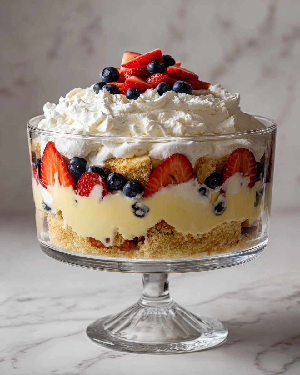 A clear glass trifle bowl holds a layered dessert starting with a base layer of golden cake crumbs, topped by a layer of light yellow custard mixed with sliced red strawberries and whole dark blue blueberries. Above that is a thick layer of white whipped cream, followed by another layer of cake crumbs and custard with strawberry slices pressed against the glass, adding a bright red and creamy yellow look. The top layer is a large fluffy mound of white whipped cream, crowned with whole blueberries and strawberry slices arranged in a small pile at the center. The bowl stands on a clear glass pedestal and is set against a white marbled surface. photo taken with an iphone --ar 4:5 --v 7