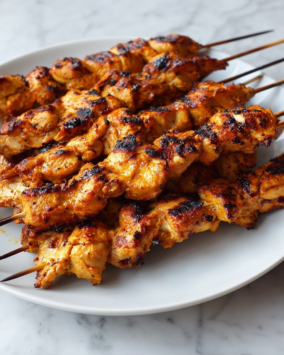 The image shows seven grilled chicken skewers placed on a plain white round plate. Each skewer is filled with tightly packed pieces of chicken that are cooked to a golden brown with some darker charred spots, giving a textured and slightly crispy look. The chicken pieces have a glossy surface due to the grilling, showing hints of char marks and a mix of lighter and darker orange-brown shades. The plate sits on a white marbled texture surface. photo taken with an iphone --ar 4:5 --v 7
