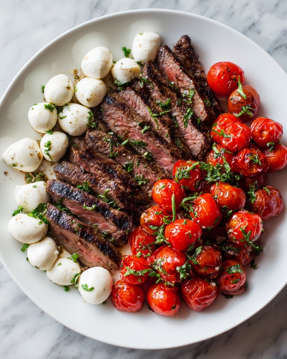 The image shows a white plate filled with layers of grilled steak slices on one side, dark brown with char marks and juicy texture. Next to the steak, there is a bright mix of halved cherry tomatoes in vibrant red and small balls of fresh white mozzarella cheese, all sprinkled with finely chopped green herbs. The tomatoes look soft and juicy, while the mozzarella is smooth and shiny. The plate rests on a white marbled surface. photo taken with an iphone --ar 4:5 --v 7