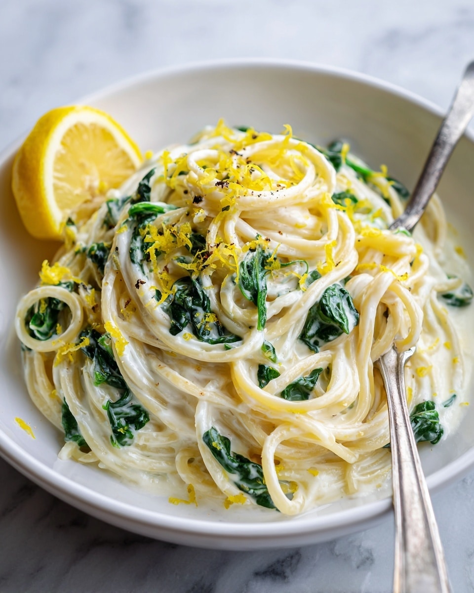 A white plate holds a creamy pasta dish with three visible layers: thick spaghetti noodles at the base are coated in a smooth, white cream sauce mixed with bright green spinach leaves scattered throughout; on top, yellow lemon zest is sprinkled, adding pops of color; a silver fork twirls some noodles on the right side of the plate while a fresh lemon wedge sits on the left edge. The plate rests on a white marbled surface. Photo taken with an iphone --ar 4:5 --v 7