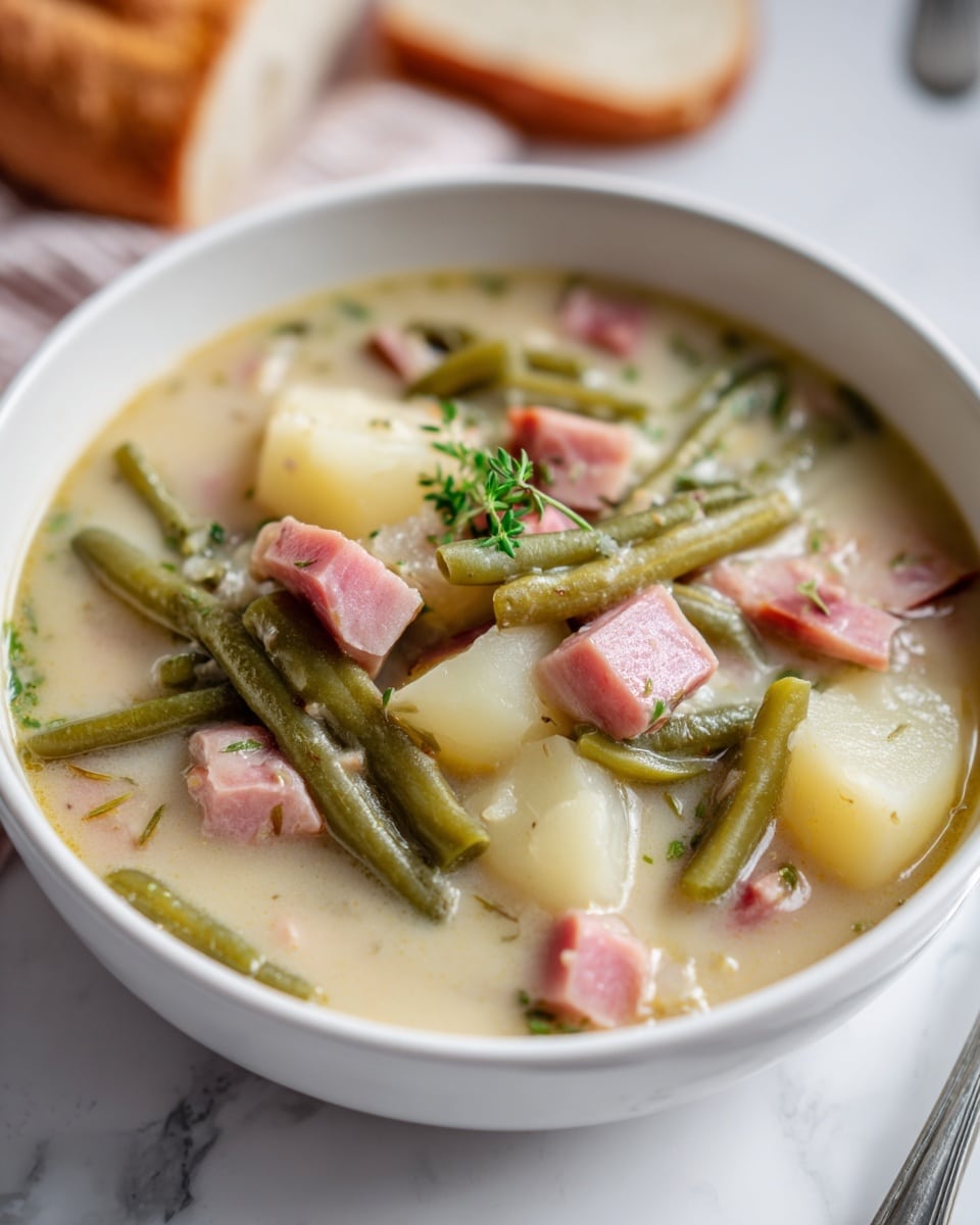 The image shows a close-up of a white bowl filled with a creamy soup containing three main layers of visible ingredients: light green whole green beans arranged horizontally, large soft off-white potato chunks, and pink cubes of ham scattered evenly throughout. The soup broth is light beige and surrounds all the ingredients, giving a smooth and slightly thick texture. A small green herb garnish sits on top of the potatoes and ham pieces. The bowl rests on a white marbled surface with blurred background elements, including a slice of bread. Photo taken with an iphone --ar 4:5 --v 7
