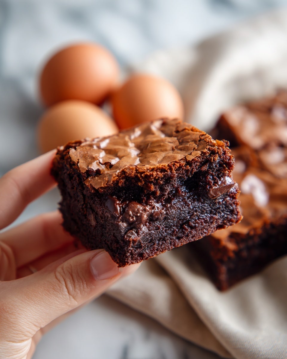 A close-up view of a single thick brownie square held by a woman's hand, showing three visible layers: a shiny, crackly top layer in dark brown, a dense and moist middle layer with darker, almost black chocolate gooey chunks, and a slightly crumbly bottom layer matching the middle in color but firmer in texture; the background features blurred brown eggs and a light beige cloth on a white marbled surface. photo taken with an iphone --ar 4:5 --v 7