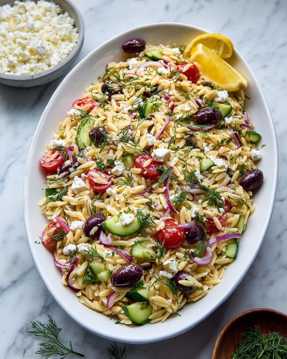 A large white oval dish filled with a layered orzo salad showing pale golden orzo pasta forming the base layer mixed with chunks of bright green cucumber, halved red cherry tomatoes, dark purple olives, small white crumbles of feta cheese, thin slices of purple-red onion, and sprinkled with fresh green dill. A half lemon with a bright yellow color sits on one edge of the dish. The salad is placed on a white marbled surface with a small white bowl of crumbly white cheese nearby. Photo taken with an iphone --ar 4:5 --v 7