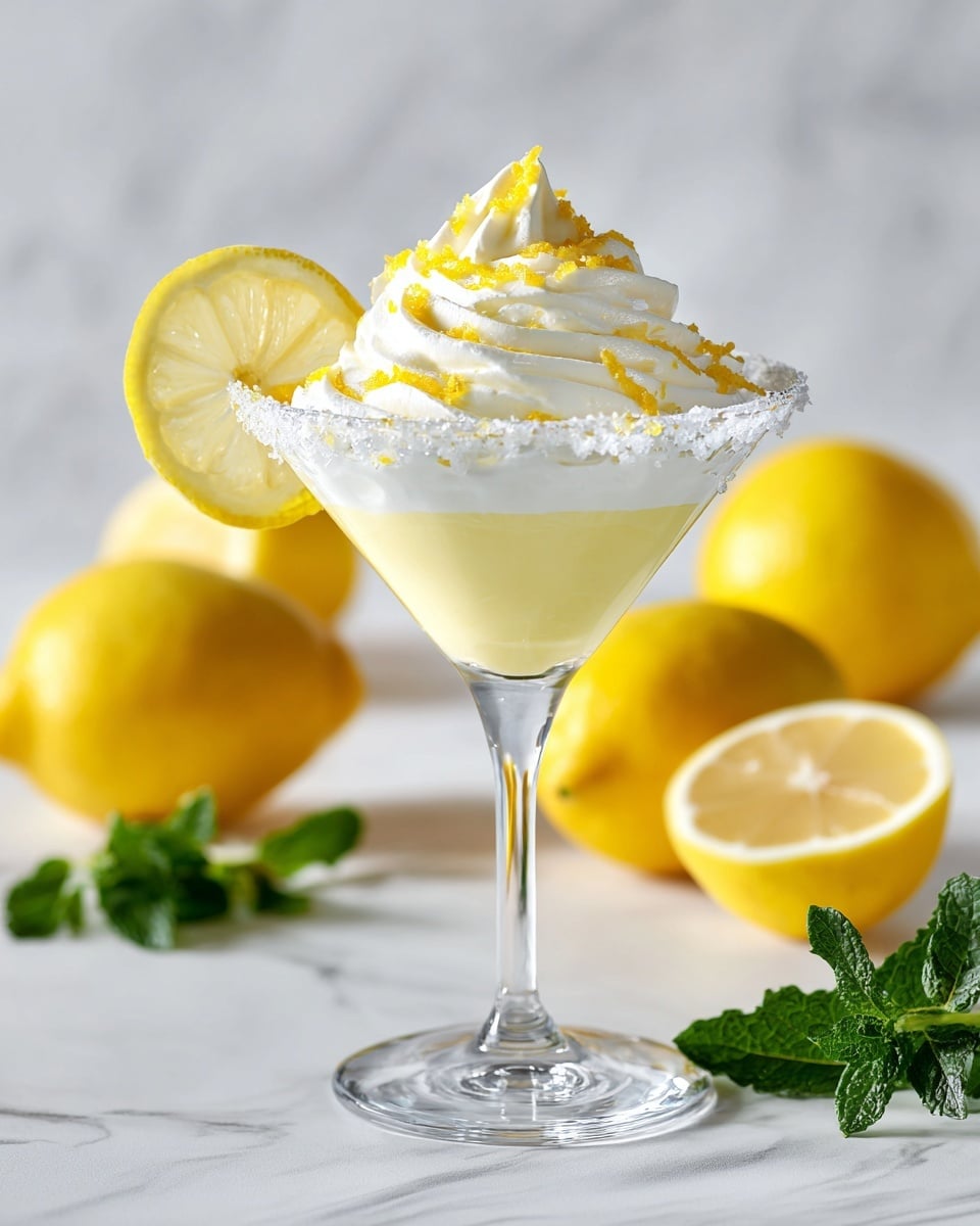 A clear martini glass filled with three main layers: a bottom layer of smooth, pale yellow lemon mousse, topped by a thick swirl of fluffy white whipped cream with a soft texture, and finished with thin, bright yellow lemon zest strips scattered on top. The glass rim is coated with coarse white sugar crystals, and a thin lemon slice is placed on the left side of the glass as a garnish. The glass stands on a white marbled surface, surrounded by whole bright yellow lemons, one lemon cut open showing its juicy inside, and a small bunch of fresh green mint leaves. Photo taken with an iphone --ar 4:5 --v 7
