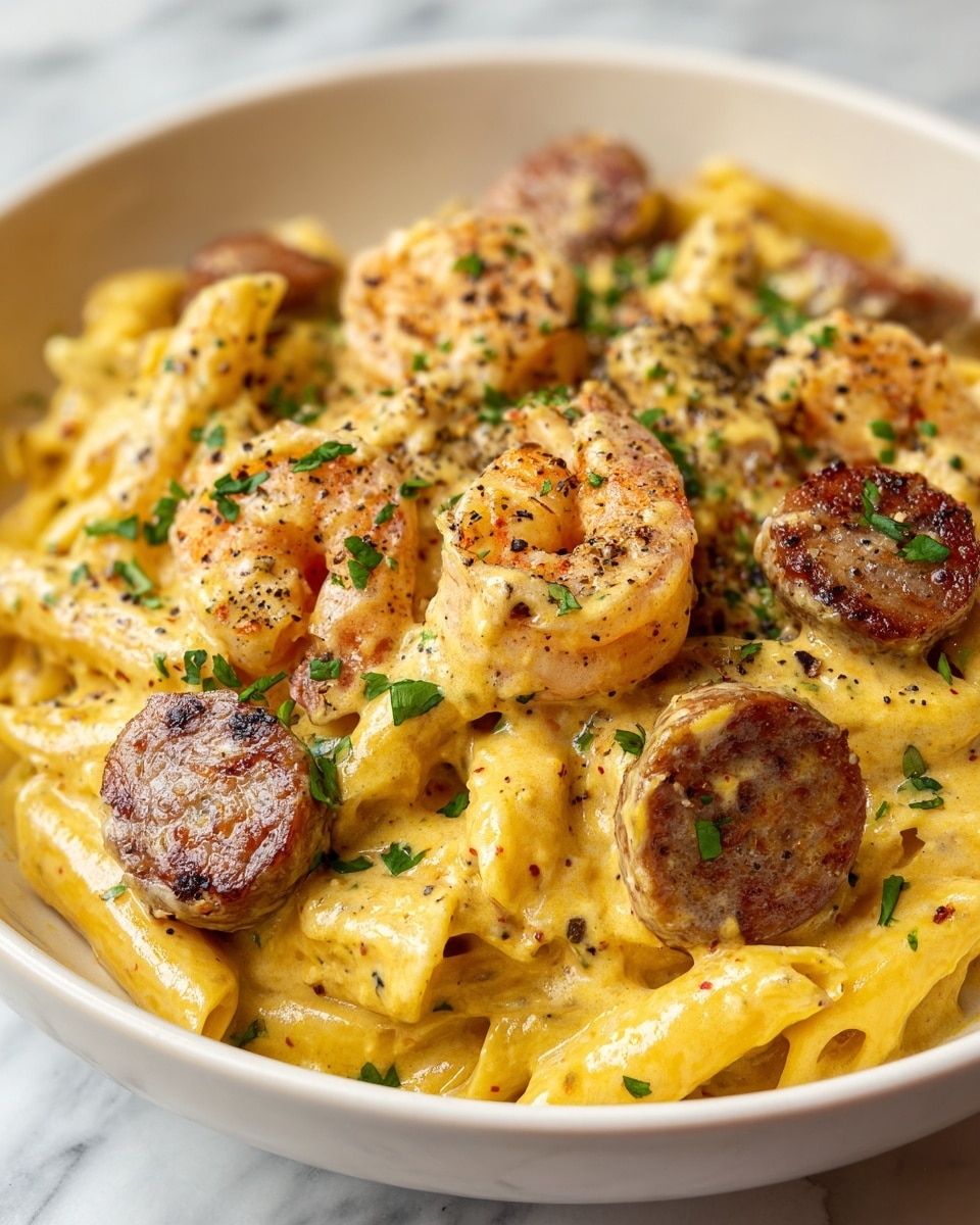 A white bowl filled with creamy pasta made of short penne noodles covered in a thick yellow sauce speckled with black pepper, topped with several small pink shrimp with a slight char, and browned round slices of sausage scattered evenly across the surface. Chopped green herbs are sprinkled on top, adding color contrast to the dish. The sauce looks rich and smooth, coating the pasta and toppings well. The photo is taken close up, showing the texture of the creamy sauce and the shine on the shrimp and sausage. The dish sits on a white marbled texture. photo taken with an iphone --ar 4:5 --v 7