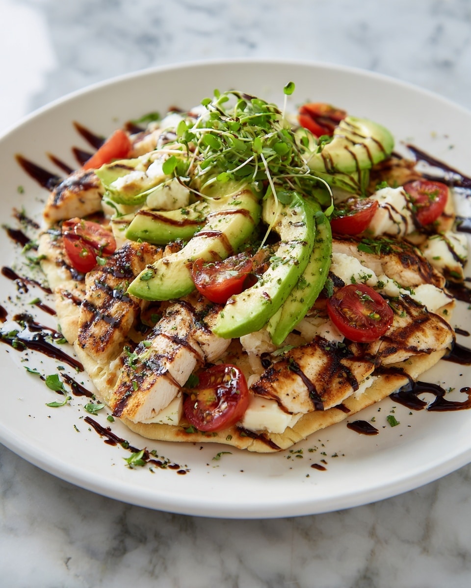 The image shows a white square plate with two grilled chicken breasts at the bottom, each with dark grill marks and a light brown color. On top of the chicken, there are slices of pale yellow grilled halloumi cheese with some grill lines. Above the cheese, there are slices of green avocado layered with pieces of white mozzarella cheese. Scattered around and on top are bright red grilled cherry tomatoes with visible char marks, and small green chopped herbs sprinkled over the whole dish. A dark balsamic glaze is drizzled across the layers and plate. The background is a white marbled texture. photo taken with an iphone --ar 4:5 --v 7