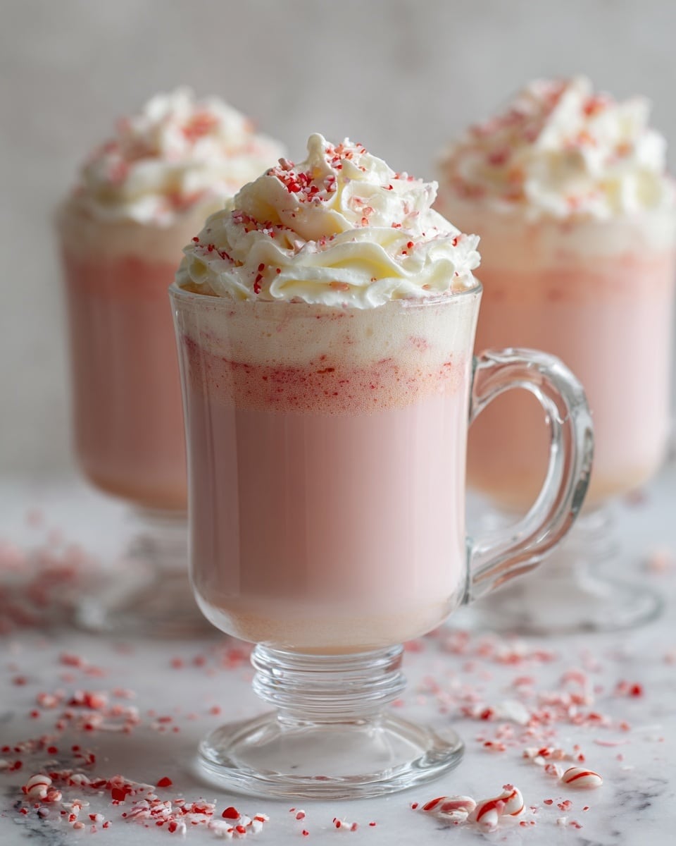 The image shows a clear glass mug filled with three visible layers: a solid pale pink layer forming the base, a thin foamy light pink layer in the middle, and a top layer of fluffy white whipped cream sprinkled with small red bits. The mug is placed on a white marbled surface scattered with red sprinkles. Two similar mugs, slightly blurred, are in the background against a plain neutral backdrop. The mug's clear handle and footed base are also visible. photo taken with an iphone --ar 4:5 --v 7